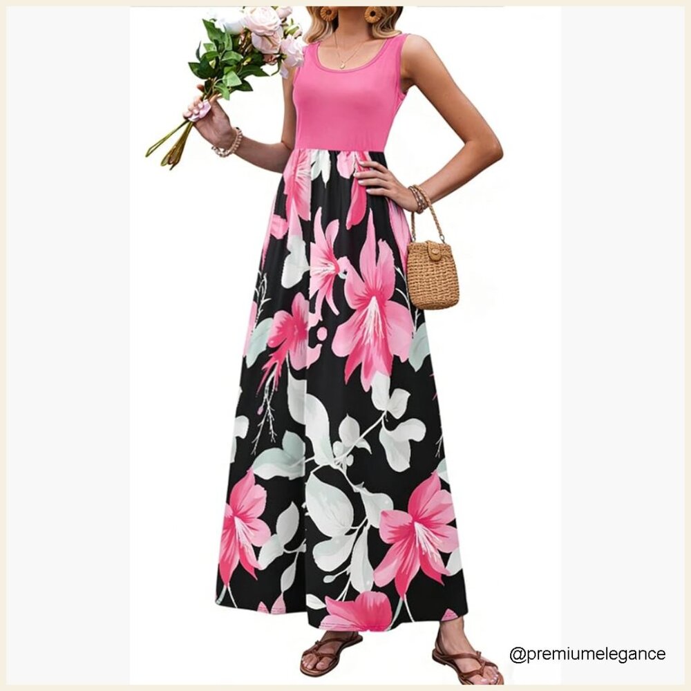 Sleeveless Floral Maxi Dress Boho Summer Casual Loose Fit Polyester Spandex